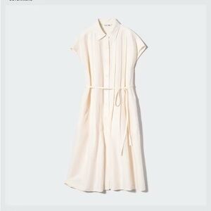 Uniqlo Cream Midi Dress Linen-Blend Short-Sleeve Shirt Dress size S